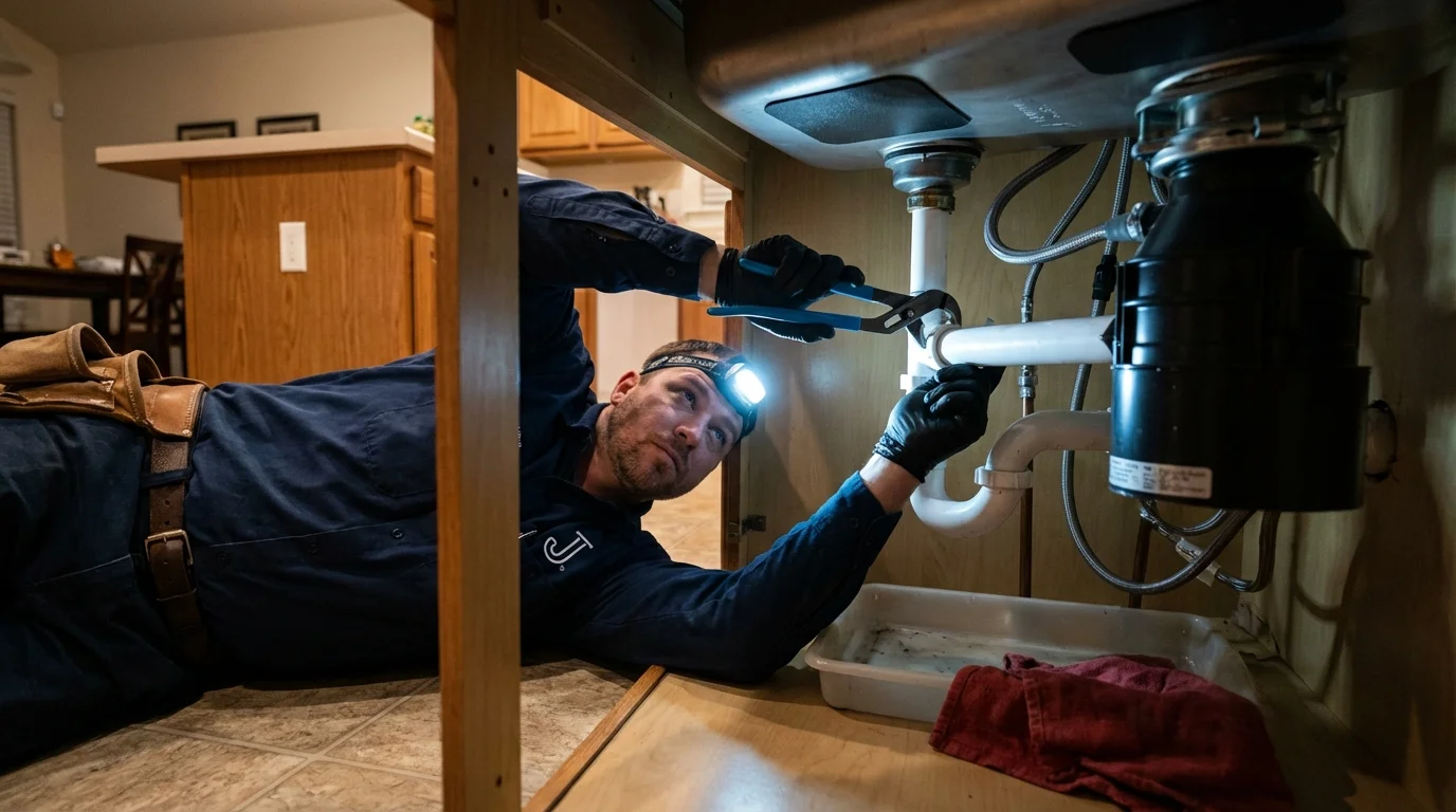 P-trap and supply line connections under a kitchen sink showing a common leak point in Tiptonville, TN